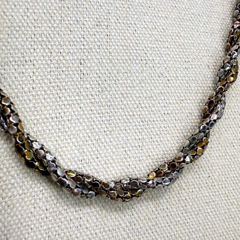 Vintage Two Tone Twisted Mesh Chain Necklace‎ Barrel Clasp Textured